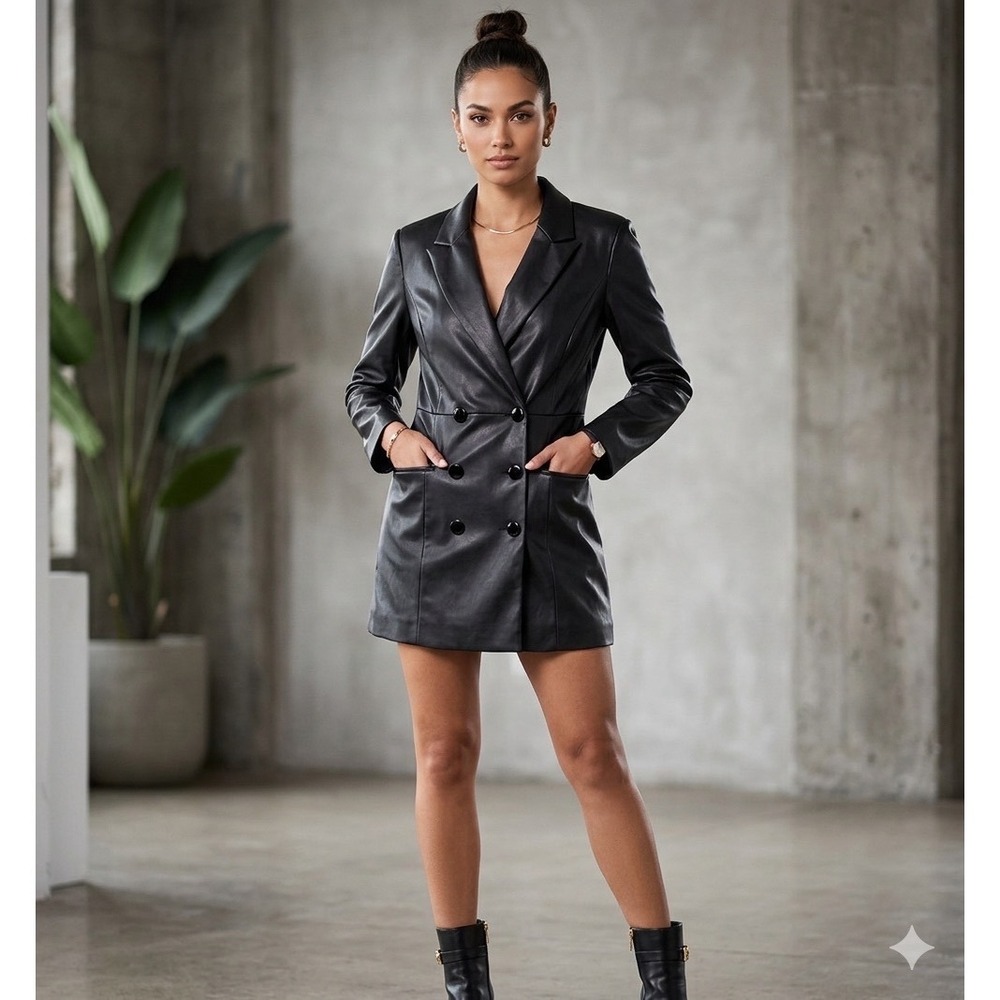🤑Steve Madden🖤Black Pu Leather Double Breasted Blazer Jacket Dress Grunge$125